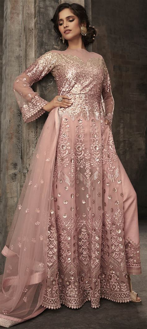 Festive Reception Wedding Pink And Majenta Color Net Fabric Salwar