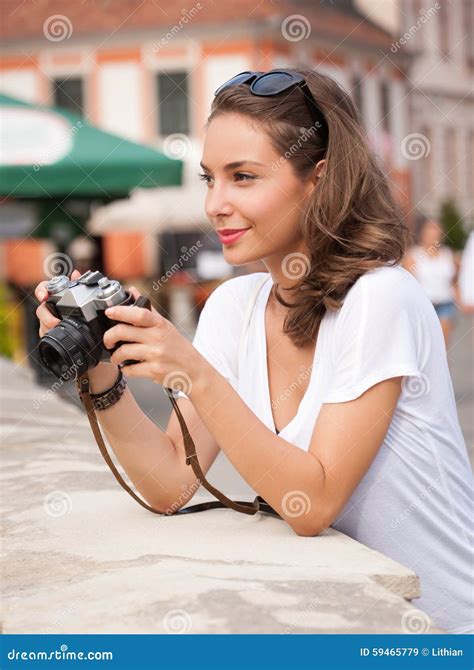 Brunette Beauty Taking Photo Stock Image Image Of Fashionable White
