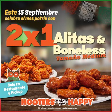 Promoción Hooters 15 de septiembre: 2x1 en alitas y boneless y metro de