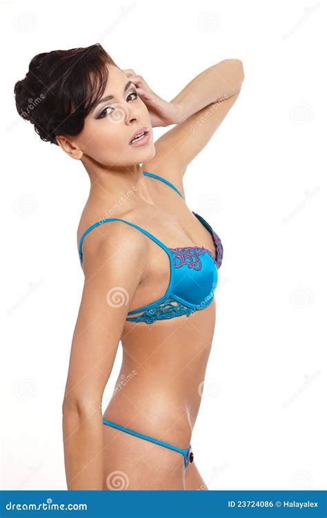 Smiling Female Fashion Model In Blue Lingerie Stock Photo Image Of Cute Figure 23724086