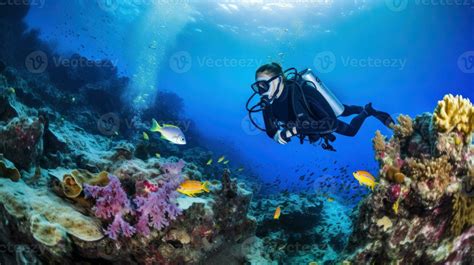 Scuba diver with coral reef 26658411 Stock Photo at Vecteezy