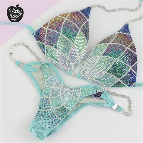 Ready To Ship NPC Bikini Mint Lotus With Pearls Fitness Bikini