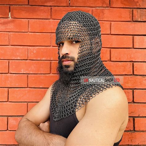 Black Chain Mail Coif 10mm Neck Chainmail Hood Medieval Chainmail Armor