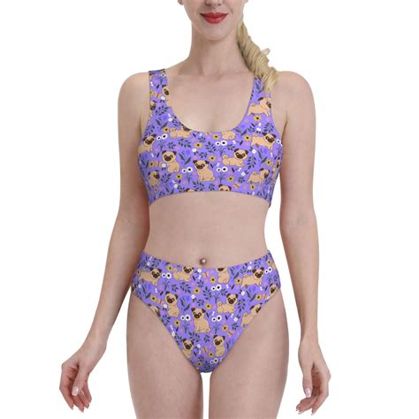 Bingfone Women S Bikini Sets Pugs And Flowers Print High Waisted Two Pieces Swimsuits Small