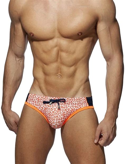 Mens Swim Briefs Quick Dry Polyester Bikini Leopard Printed Swimwear
