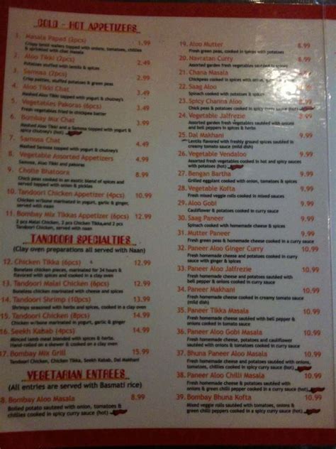 Menu At Bombay Indian Grill Restaurant Champaign 302 S 1st St