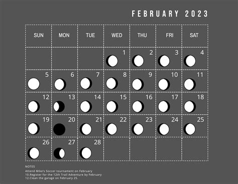 February 2023 Calendar Template With Moon Phases In Psd Illustrator