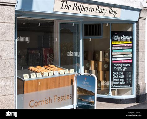 Cornish pasties on display in The Polperro Pasty Shop, Cornwall