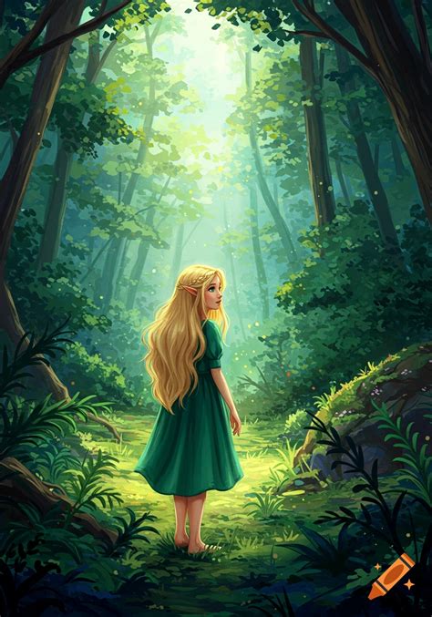 A Girl With Long Blonde Hair Stands Barefoot In A Sunny Forest On Craiyon