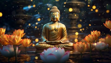 3d Rendering Of Buddha Statue Surrounded By Flowers AI Generated Image