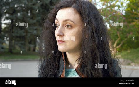 Pretty Brunette Long Hair Girl Portrait Outdoors Stock Photo Alamy
