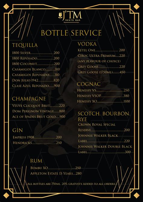 Bottle Service Menu