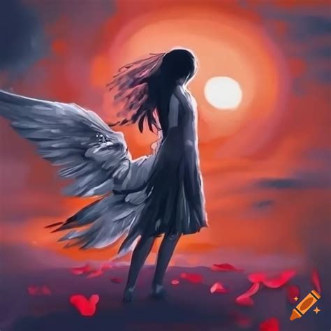 Anime style artwork of a person flying with dark wings on a sunset