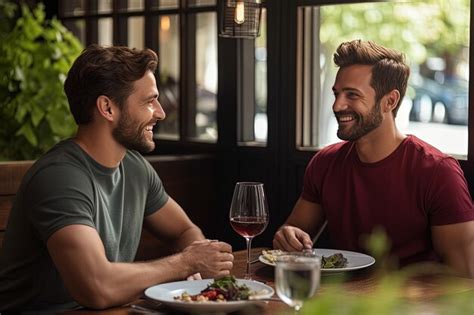 Um Casal Gay Num Encontro Num Restaurante Divertem Se A Conversar A Conhecer Se E A Beber Vinho