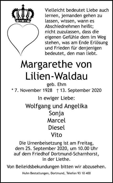 Traueranzeigen Von Margarethe Von Lilien Waldau Sich Erinnern De