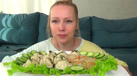МУКБАНГ ХИНКАЛИ СУЛТАНЧИКИ С СОУСАМИ , САЛАТ АШЛЯНФО И ОГУРЦЫ/Русский ...
