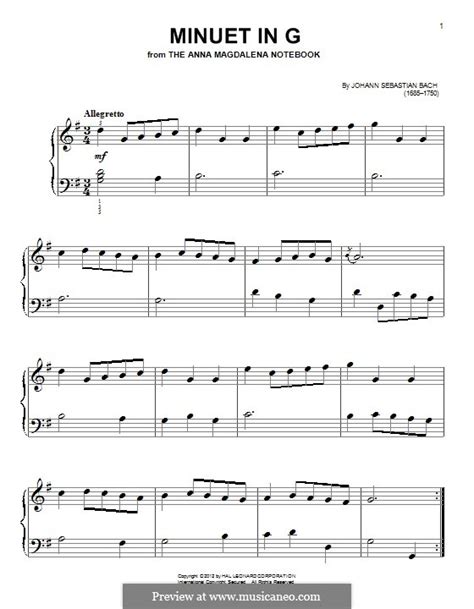 И.С. Бах: No.4 Менуэт соль мажор, для фортепиано, BWV Anh.114 (Нотная ...