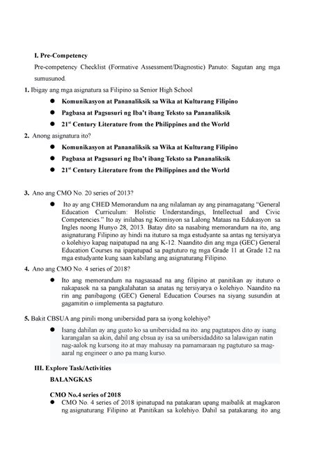 Komfil 5 ANSWERS I Pre Competency Pre Competency Checklist