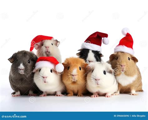 Group Of Cute Multicolored Guinea Pigs In Santa Hats Stock Photo