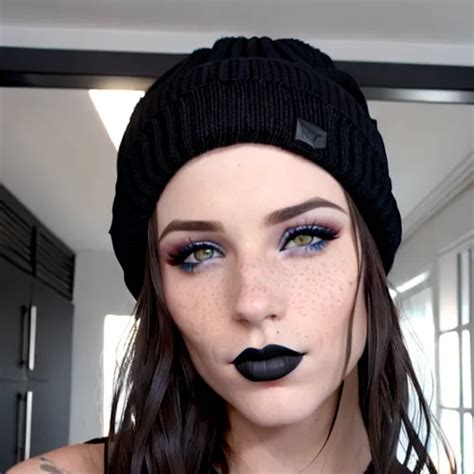 Dopamine Girl Replicate Inspiration Face Freckles Black Lipstick Brunette Black Beanie