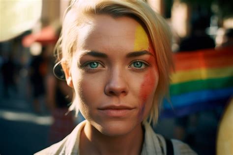 Chica rubia de ojos azules mirando a la cámara en medio de una manifestación del orgullo gay y