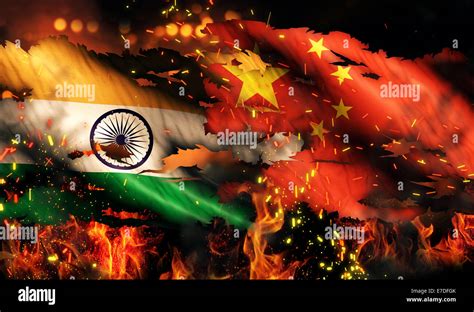 India China Flag War Torn Fire International Conflict 3D Stock Photo ...