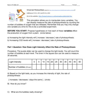 Fillable Online Photosynthesis Lab Viewing Light Intensity And Oxygen