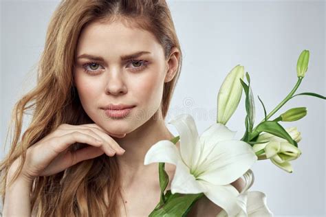 Emotional Woman With Flowers Spring Model Naked Shoulders Clear Skin Stock Photo Image Of