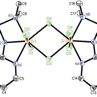 Molecular structure of complex Zr5 with thermal ellipsoids drawn at 30% ...