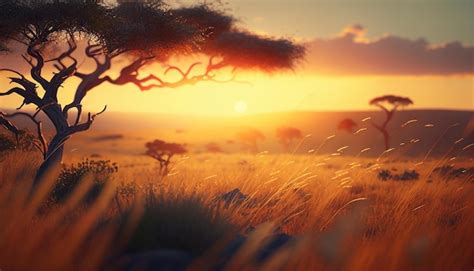 Premium AI Image | Sunset in savannah of Africa with acacia trees and ...