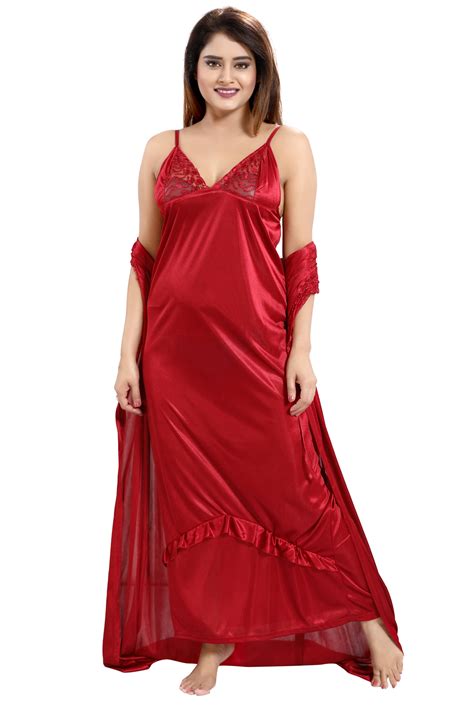 Buy Be You Maroon Solid Lace Satin Women Nightwear Set Robe Nighty Lingerie Set