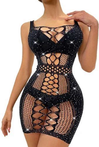 Women Mesh Body Stocking Lingerie Dresses Hollow Fishnet Bodysuits Sparkle Rhinestone Stripper