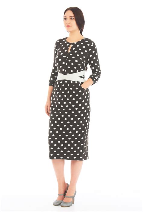 Shop Faux Leather Cross Waist Polka Dot Knit Sheath Dress Eshakti