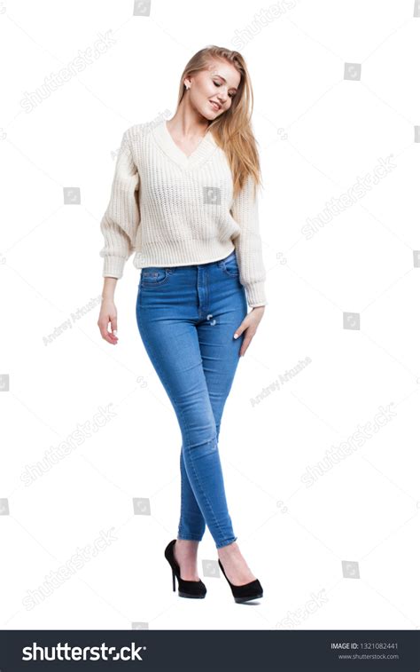 Sexy Blonde Woman Blue Jeans White Stock Photo Shutterstock