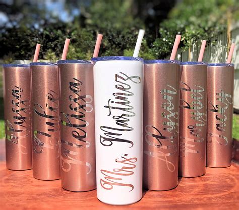 Rose Gold Skinny Tumbler With Straw Personalized Tumbler Etsy Bachelorette Party Cups