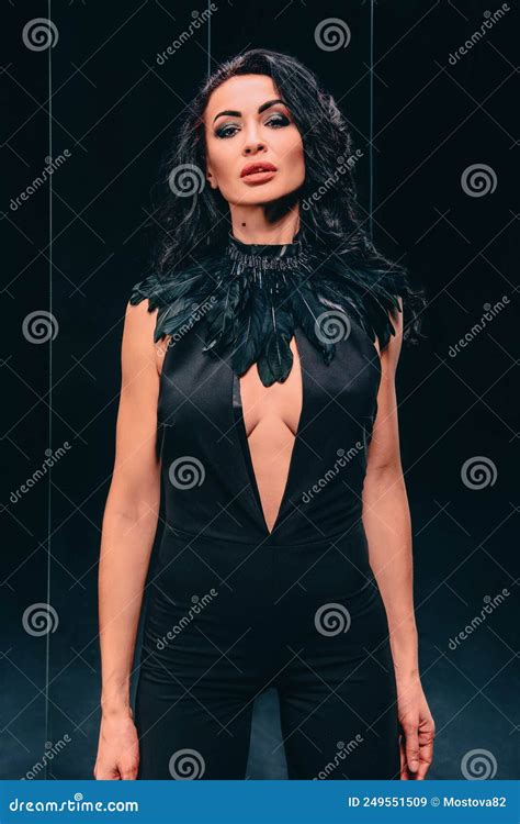 Portrait Of Beautiful Brunette Woman In Black High Heels Shoes And Dress Stock Image Image Of