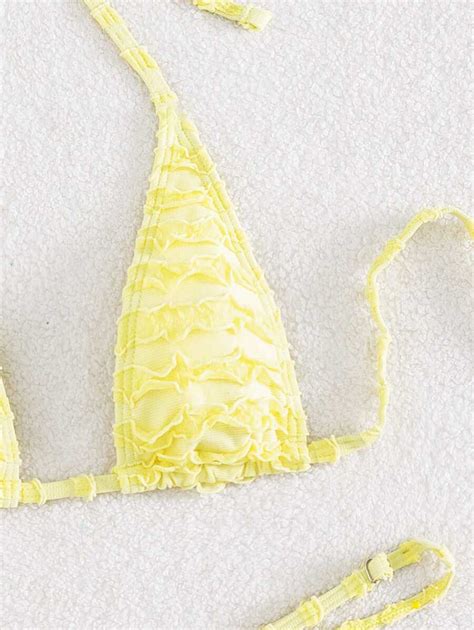 SHEIN Swim SXY Textured Bikini Set Halter Micro Triangle Bra Thong Bottom 2 Piece Bathing Suit