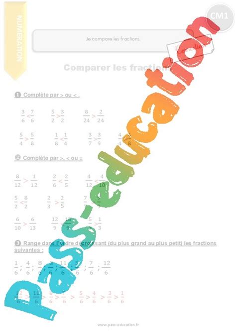 Comparer Les Fractions Cm Exercices Avec Correction Pdf Imprimer