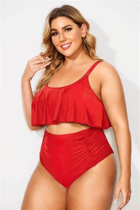 Red Adjustable Scoop Neck Straps Bikini Top Meet Curve Meet Curve
