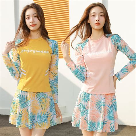 Bikini Dài Tay Nữ INFALCHI Du Lịch Đi biển dạng váy Hàn Quốc Hoa Xanh Hồng Hai Mảnh Cạp Cao