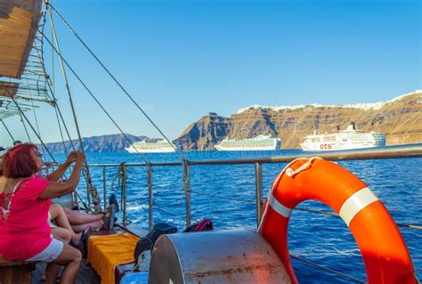 Tourists On Boat After An Exciting Santorini Caldera Day Trip Greece