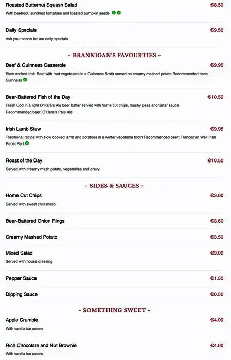 Menu At Brannigans Pub And Bar Dublin