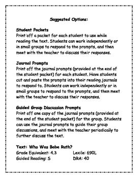 Who Was Babe Ruth Comprehension Packet By Josephine Gray TpT