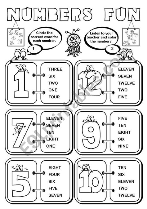 Numbers Fun (1-12) - 2 pages - ESL worksheet by gabitza