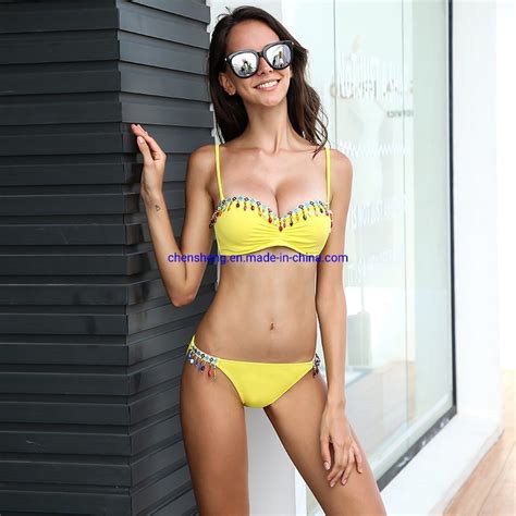 Fashion Design Custom Beads Women Extreme Two Pieces Bikini Ruffles And Swim Price