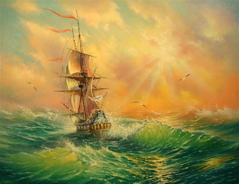 Painting ships and sea, sea waves and ship sails, painting for home ...