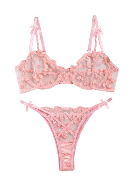 Lilosy Sexy Cute Underwire Push Up Strappy Heart Embroidered Mesh Sheer Lingerie Set For Women