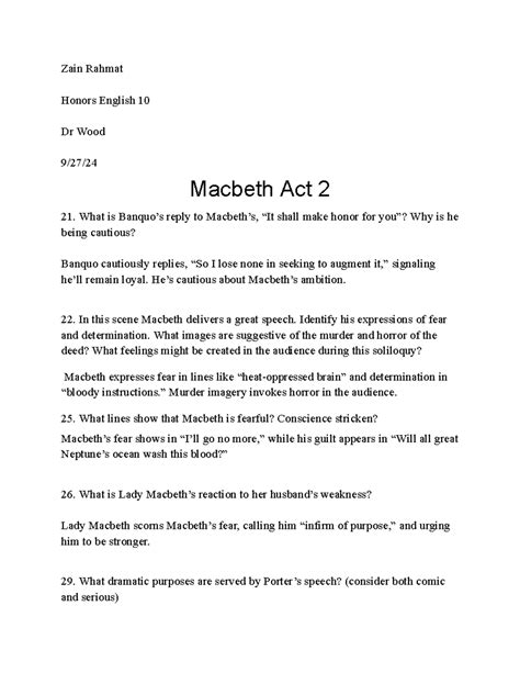 Macbeth Act 2 - Zain Rahmat Honors English 10 Dr Wood 9/27/ Macbeth Act