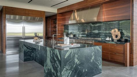 Modern Luxury Interior Design Of Kitchen With Marble Island And Wooden