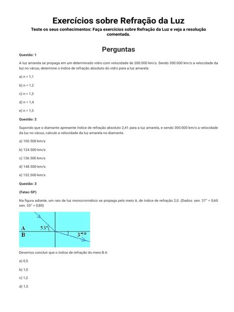Exercícios de Refração da Luz | PDF